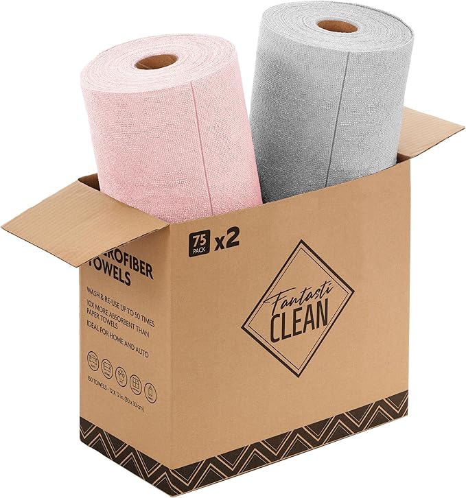 Fantasticlean Microfiber Cleaning Cloth Roll -150 Pack, Tear Away Microfiber Towels, 12" x 12", Reusable, Washable, Ultra Absorbent Dishcloth for All-Around Cleaning Supplies (Pink & Grey)