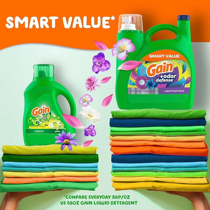 Gain + Odor Defense Liquid Laundry Detergent, Super Fresh Blast Scent, 107 Loads, HE Compatible Washing Soap