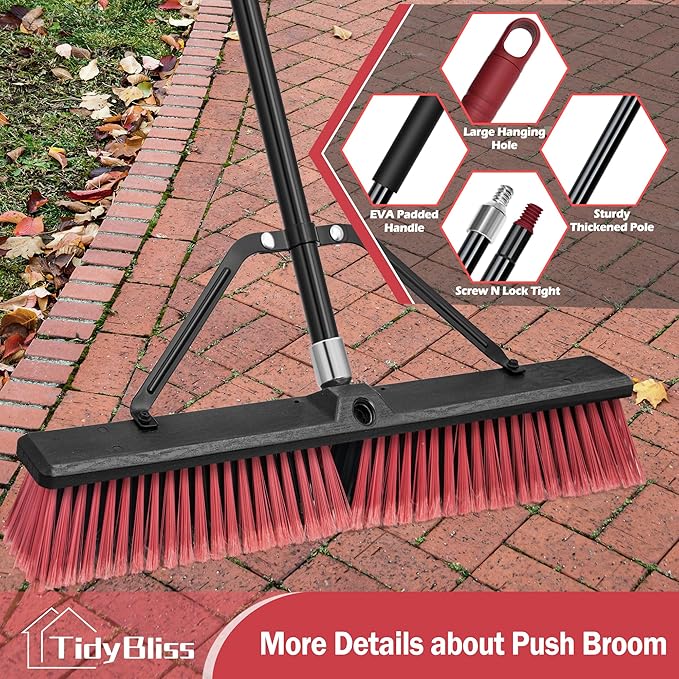 24” Push Broom Outdoor Heavy Duty 2 Pack, Large Commercial Stiff Bristle Brush with 63 inches Long Handle for Garage Shop Garden Yard Patio Deck Street Warehouse Lawn Driveway (Red)
