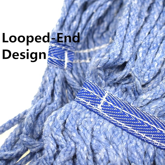 Heavy Duty Commercial Mop Head Refill - Industrial Grade Blue Cotton Looped-End String for Wet Mopping, Long-Lasting (9 Pieces Pack)