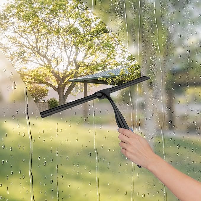 Matte Black Shower Squeegee for Glass Doors with Adhesive Hooks, Squeegee for Shower Glass, Cleaner Tool for Bathroom Household Window Mirror Tile Wall Car, 10 Inch Black