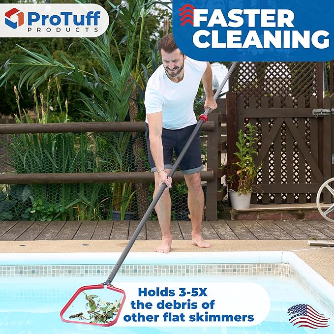 ProTuff Flat Pool Skimmer Net – 2 Year Unconditional Free Replacement – Heavy-Duty Flat Net, Fine Mesh for Leaves, Silt & Pollen – Strong Aluminum Frame, Fits Standard Telescoping Pole