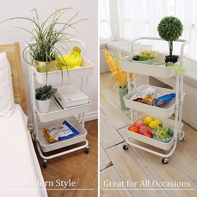 3 Tier Utility Rolling Cart Multifunction Organizer Shelf Storage Cart with 3 Pieces Cups and 8 Pieces Hooks for Home Kitchen Bathroom Laundry Room Office Store etc. (White)