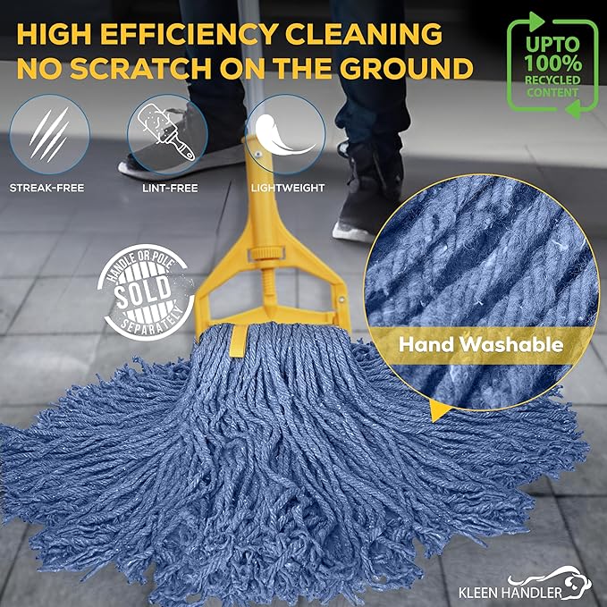 Pack of 3 Cut End Blended Mop Head Replacement, 1.25-inch Universal Headband, Wet Mop Refills, Blue, 16 Oz