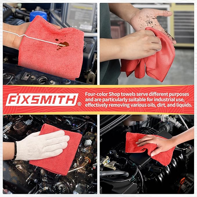 FIXSMITH Shop Towels, Red Microfiber Cleaning Cloth Bulk, 200 Pack Microfiber Towels for Cars, All-Purpose Absorbent Cleaning Rags, Dust Cloth for Automotive, Mechanic, Garage, Bar, 11.5 x 11.5 inch