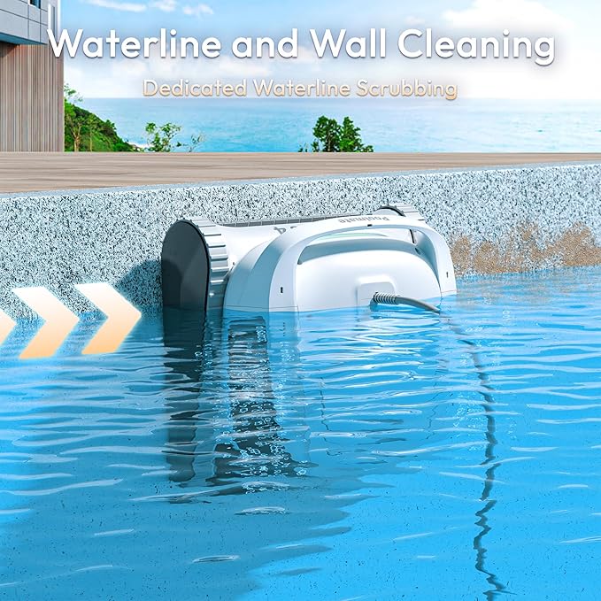 Robotic Pool Cleaner, Pool Vacuum Cleaner with Dual Inlet for Above/In ground Pools up to 1,614 Sq.ft, 210 Mins Runtime, Wall/Floor Cleaning, Waterline Tech, Smart Navigation, APP/Cloud Control
