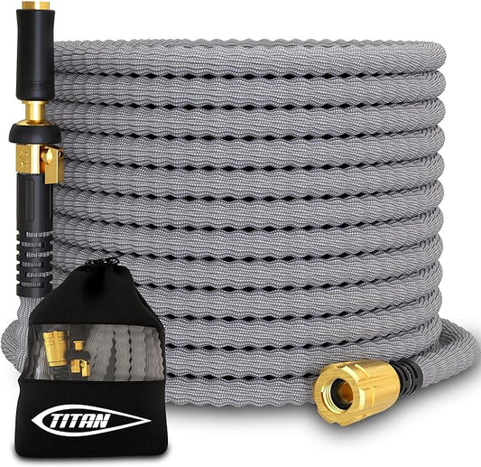 TITAN Flexible Garden Hose 7FT – Ultra Lightweight, Heavy Duty Water Hose with Brass Fittings & Jet Nozzle – Kink-Free, Non-Expanding, Durable Fabric Hose for Yard, Lawn, Car Wash, Outdoor Use
