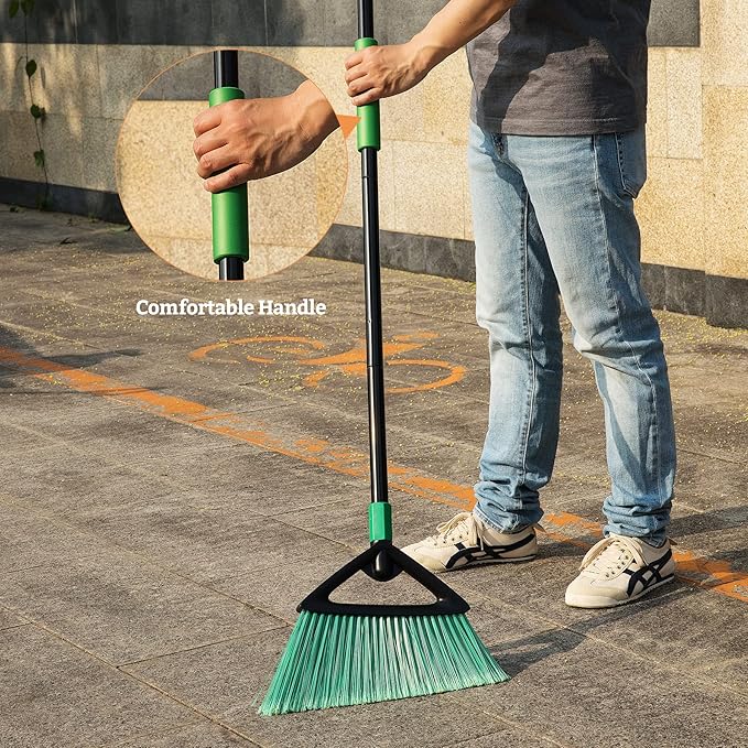 Eyliden Broom, Angle Broom with 57" Long Handle | Fit Heavy-Duty Cleaning, Also Works Well Fine Dust | Commercial Outdoor Indoor Sweeper for Courtyard Sidewalk Deck Kitchen Lobby Garage, Green