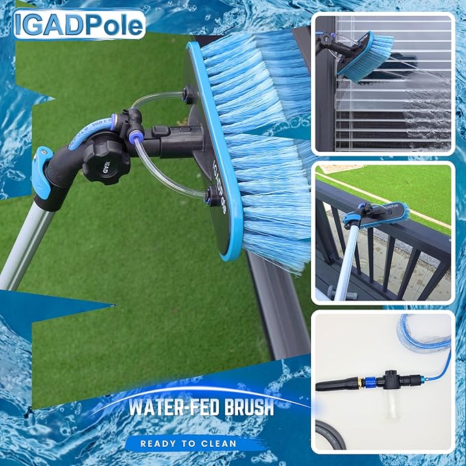 IGADPole 24 FT Water-Fed Washing Kit with Soap-Dispenser, Brush, 10″ Squeegee & Cobweb Duster for Windows, Gutters, Solar Panels & Exterior Walls