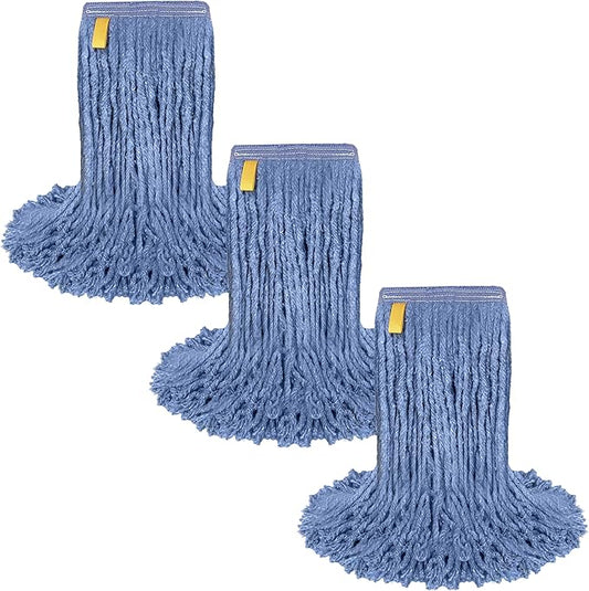 Pack of 3 Cut End Blended Mop Head Replacement, 1.25-inch Universal Headband, Wet Mop Refills, Blue, 16 Oz
