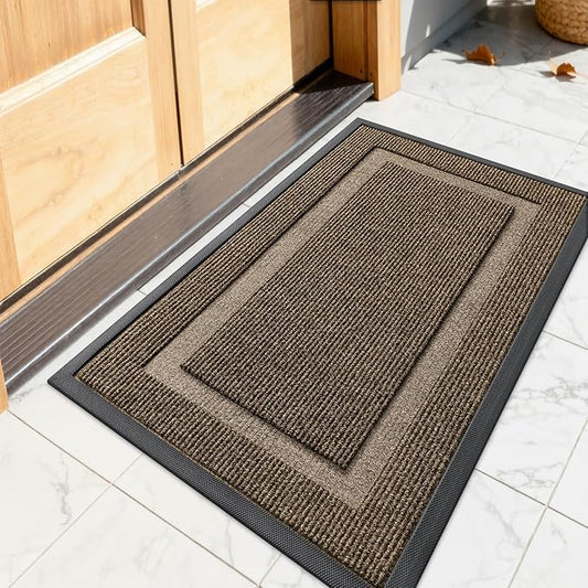 OLANLY Front Door Mat Indoor Outdoor Entrance, Waterproof All-Season, All-Weather Doormat, Sturdy Natural Rubber, Fade Resistant, Low Profile, Easy Clean Patio Porch Entryway Mat, 23.5x15.5, Brown